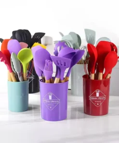 Juego de 12 utensilios de cocina de silicona antiadherente con mangos de madera